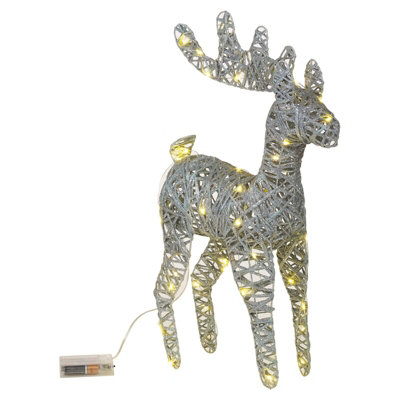 URBNLIVING 45cm LED Light Up Reindeer Silver Glitter Plastic Rattan Wire Frame Christmas Home Decorations