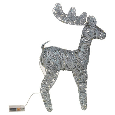URBNLIVING 45cm LED Light Up Reindeer Silver Glitter Plastic Rattan Wire Frame Christmas Home Decorations
