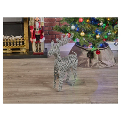 URBNLIVING 45cm LED Light Up Reindeer Silver Glitter Plastic Rattan Wire Frame Christmas Home Decorations