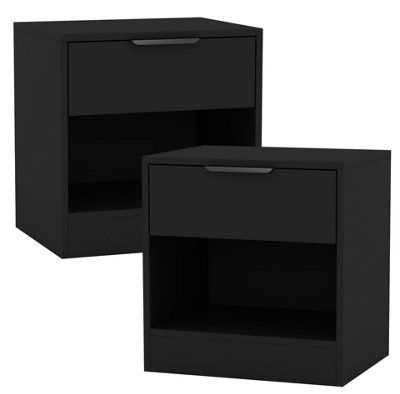 URBNLIVING 45cm Width 1-Drawer Bedside Black Table Cabinet Nightstand Storage Shelf Bedroom Furniture Unit Set of 2
