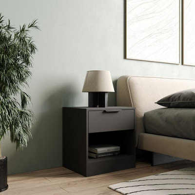 URBNLIVING 45cm Width 1-Drawer Bedside Black Table Cabinet Nightstand Storage Shelf Bedroom Furniture Unit