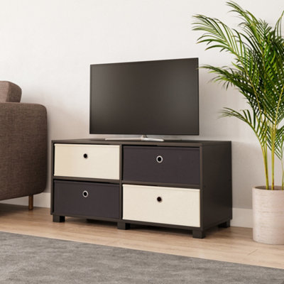 URBNLIVING 47cm Height Black Wooden TV Unit Stand Furniture 2 Black & 2 White Storage Drawers