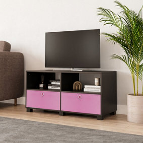 URBNLIVING 47cm Height Black Wooden TV Unit Stand Media Cabinet 2 Pink Fabric Storage Drawers