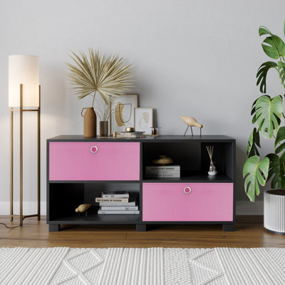 URBNLIVING 47cm Height Black Wooden TV Unit Stand Media Cabinet 2 Pink Fabric Storage Drawers