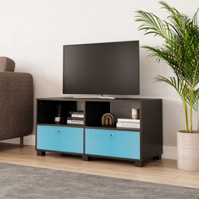 URBNLIVING 47cm Height Black Wooden TV Unit Stand Media Cabinet 2 Sky Blue Fabric Storage Drawers