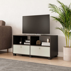 URBNLIVING 47cm Height Black Wooden TV Unit Stand Media Cabinet  2 White Fabric Storage Drawers