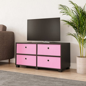 URBNLIVING 47cm Height Black Wooden TV Unit Stand Media Cabinet 4 Pink Fabric Storage Drawers
