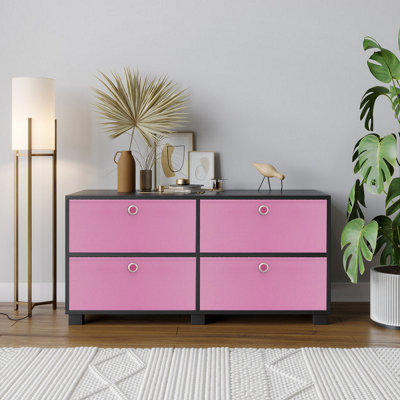 URBNLIVING 47cm Height Black Wooden TV Unit Stand Media Cabinet 4 Pink Fabric Storage Drawers
