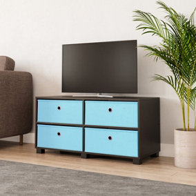 URBNLIVING 47cm Height Black Wooden TV Unit Stand Media Cabinet 4 Sky Blue Fabric Storage Drawers