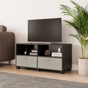 URBNLIVING 47cm Height Black Wooden TV Unit Stand Media Cabinet Living Room Furniture Fabric 2 Beige Storage Drawers