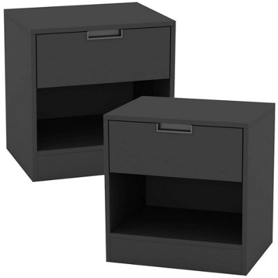 URBNLIVING 47cm Height Drawer Bedside Black Table Nightstand Shelf Cabinet Storage Unit Bedroom Furniture Set of 2