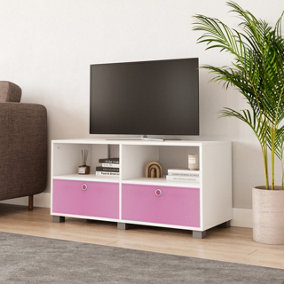 URBNLIVING 47cm Height White Wooden TV Unit Stand Media Cabinet 2 Pink Fabric Storage Drawers