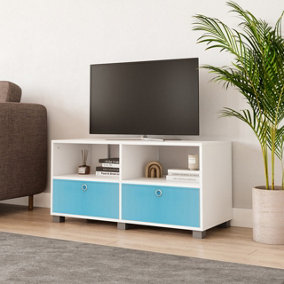 URBNLIVING 47cm Height White Wooden TV Unit Stand Media Cabinet 2 Sky Blue Fabric Storage Drawers
