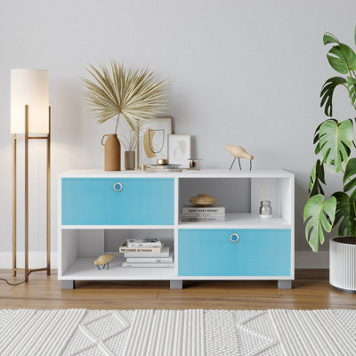 URBNLIVING 47cm Height White Wooden TV Unit Stand Media Cabinet 2 Sky Blue Fabric Storage Drawers