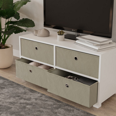 URBNLIVING 47cm Height White Wooden TV Unit Stand Media Cabinet 4 Beige Fabric Storage Drawers