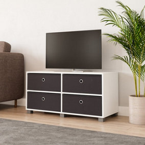 URBNLIVING 47cm Height White Wooden TV Unit Stand Media Cabinet 4 Black Fabric  Storage Drawers