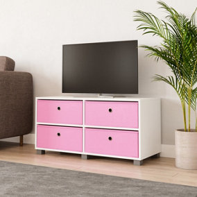 URBNLIVING 47cm Height White Wooden TV Unit Stand Media Cabinet 4 Pink Fabric Storage Drawers