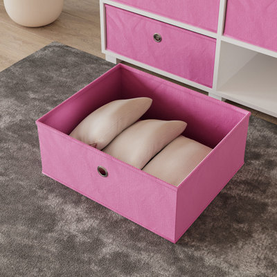 URBNLIVING 47cm Height White Wooden TV Unit Stand Media Cabinet 4 Pink Fabric Storage Drawers