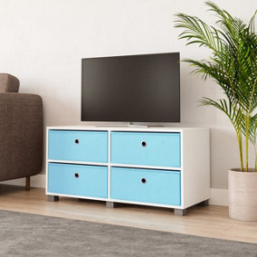 URBNLIVING 47cm Height White Wooden TV Unit Stand Media Cabinet 4 Sky Blue Fabric Storage Drawers