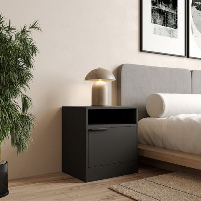 URBNLIVING 49.5cm Height 1-Door Bedside Black Table Cabinet Nightstand Storage Shelf Unit Bedroom Furniture