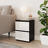 URBNLIVING 49cm Height Glossy 2 Drawers Bedside Cabinet Chest of Drawers with Smooth Metal Runner Black & White