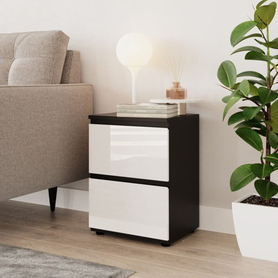 URBNLIVING 49cm Height Glossy 2 Drawers Bedside Cabinet Chest of Drawers with Smooth Metal Runner Black & White