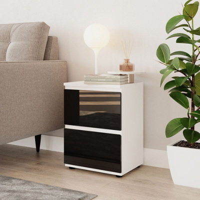 URBNLIVING 49cm Height Glossy 2 Drawers Bedside Cabinet Chest of Drawers with Smooth Metal Runner White & Black