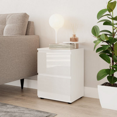 URBNLIVING 49cm Height White Gloss 2 Drawer Skagen High Wooden Bedside Cabinet No Handle Drawer Storage