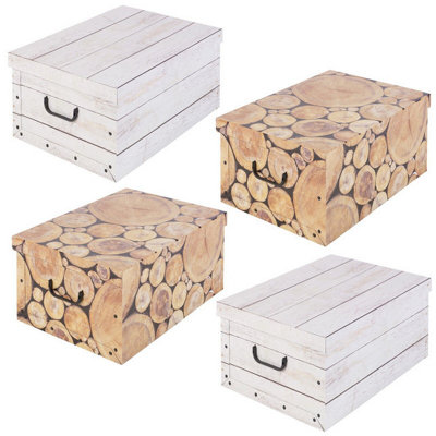 URBNLIVING 4pcs Collapsible Storage Boxes Handles Underbed Cardboard Lightweight Wooden Style