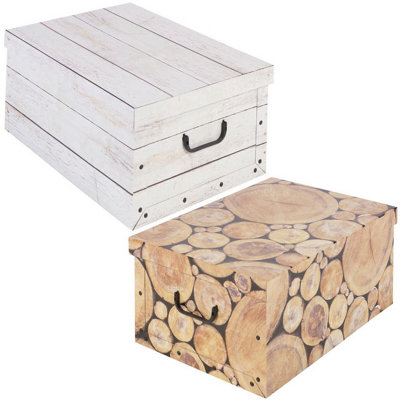 URBNLIVING 4pcs Collapsible Storage Boxes Handles Underbed Cardboard Lightweight Wooden Style