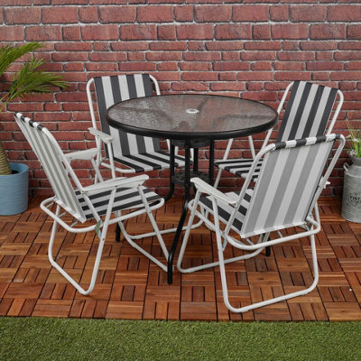 URBNLIVING 4Pcs White & Black Stripes Folding Deck Chairs with Garden Table Outdoor Patio Dining Furniture Set