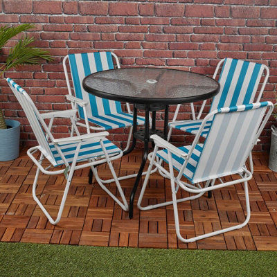 URBNLIVING 4Pcs White & Blue Stripes Folding Deck Chairs with Garden Table Outdoor Patio Dining Furniture Set