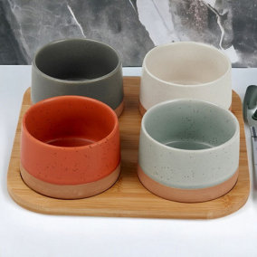 URBNLIVING 5 Pc Stoneware Serving Condiment Sets Snack Dishes Bamboo Board Platter