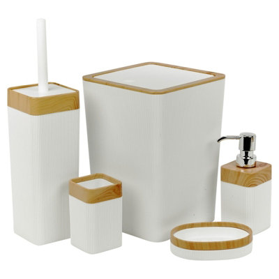 URBNLIVING 5 Pcs Colour White Bathroom Set Bin Soap Dispenser Toothbrush Holder Soap Dispenser WC Brush