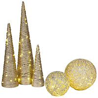 URBNLIVING 5 Pcs LED Light Up Christmas Tree Cone Gold Sphere Balls Ornament with Fairy Lights