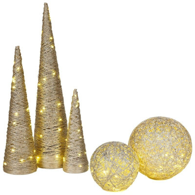 URBNLIVING 5 Pcs LED Light Up Christmas Tree Cone Gold Sphere Balls