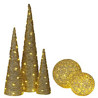 URBNLIVING 5 Pcs LED Light Up Christmas Tree Cone Gold with Glitter Sphere Balls Ornament with Fairy Lights