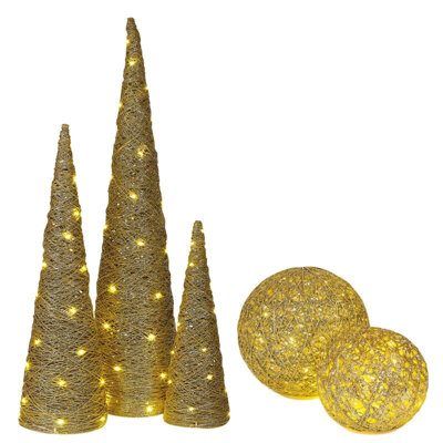URBNLIVING 5 Pcs LED Light Up Christmas Tree Cone Gold with Glitter