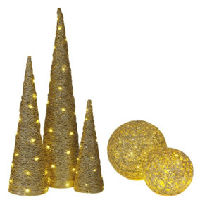 URBNLIVING 5 Pcs LED Light Up Christmas Tree Cone Gold with Glitter Sphere Balls Ornament with Fairy Lights