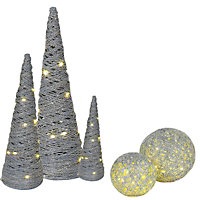 URBNLIVING 5 Pcs LED Light Up Christmas Tree Cone Silver with Glitter Sphere Balls Ornament with Fairy Lights