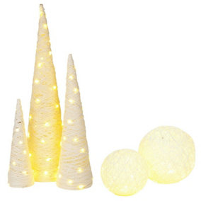 URBNLIVING 5 Pcs LED Light Up Christmas Tree Cone White with Glitter Sphere Balls Ornament with Fairy Lights