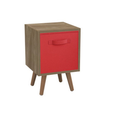 URBNLIVING 50cm Height Antique Oak Cube 1 Red Drawer Shelving Unit with Beech Scandinavian Legs