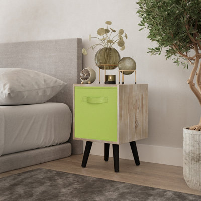 URBNLIVING 50cm Height Green 1-Drawer Cube Antique Oak Shelving Unit with Scandinavian Black Legs