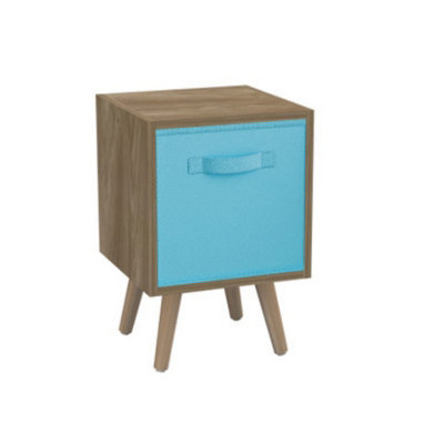 URBNLIVING 50cm Height Oak Cube 1 Sky Blue Drawer Shelving Unit with Pine Scandinavian Legs