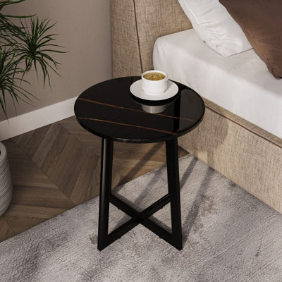 URBNLIVING 50cm Height Round MDF Coffee Side End Table with Steel Frame Legs Living Room Black Marble