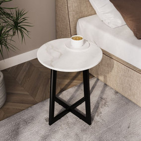 URBNLIVING 50cm Height Round MDF Coffee Side End Table with Steel Frame Legs Living Room White Marble