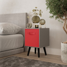 URBNLIVING 51cm Height Grey Wooden Cube Storage Bookcase Black Legs Bedroom Bedside with Red Inserts
