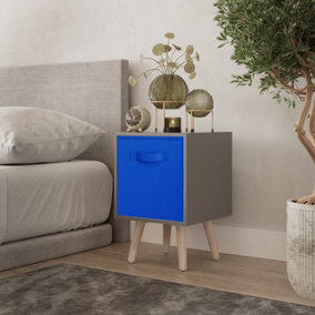 URBNLIVING 51cm Height Grey Wooden Cube Storage Bookcase Pine Legs Bedroom Bedside with Dark Blue Inserts