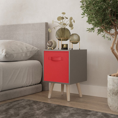 URBNLIVING 51cm Height Grey Wooden Cube Storage Bookcase Pine Legs Bedroom Bedside with Red Inserts