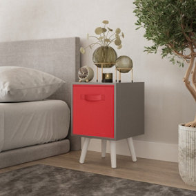 URBNLIVING 51cm Height Grey Wooden Cube Storage Bookcase White Legs Bedroom Bedside with Red Inserts